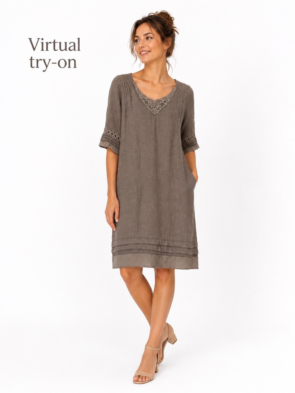 Carla Conti Relaxed V-Neck Midi Dress with Lace Trim - Taupe Linen Size S
